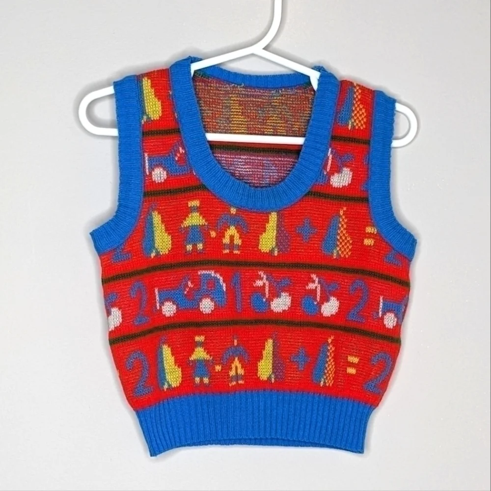 Vintage Knit Numbers Pear Car People Vest 12m